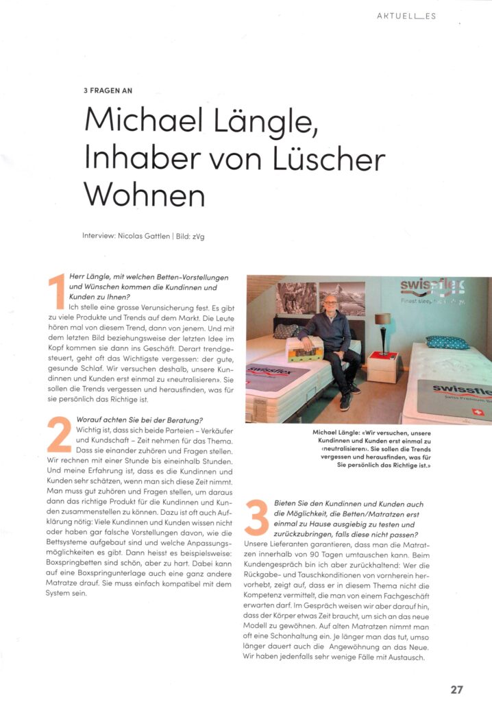 Einrichten Schweiz Interview zum Thema Bettenkauf mit Michael Längle